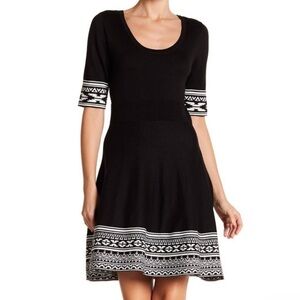 Nina Leonard Black Knit Scoop-Neck Dress with White Patterned Trim NWT